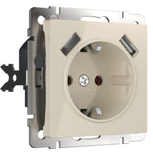 Розетка встраиваемая Werkel с заземлением, шторками и USBх2 Слоновая кость W1171503