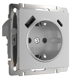 Розетка встраиваемая Werkel с заземлением, шторками и USB тип A+C Серебряный W1171706